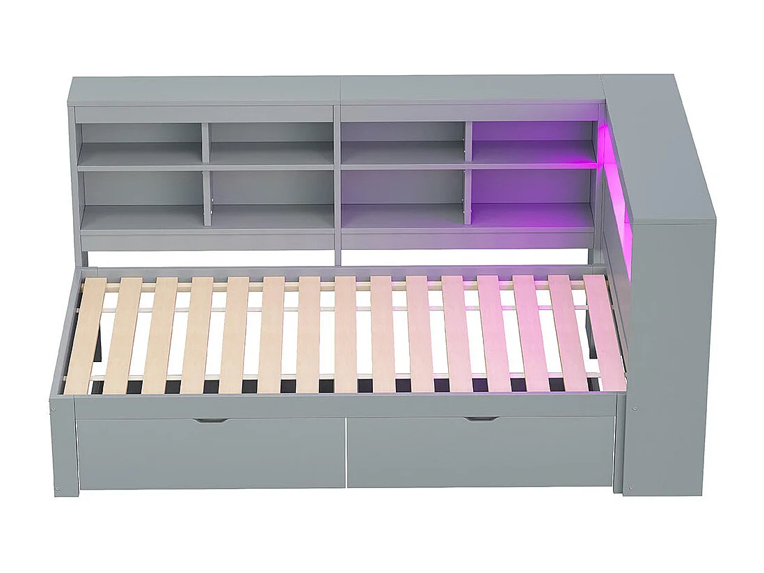 Lit combine en bois massif 90×200 avec prise USB et éclairage LED avec étagères et compartiments de rangement lit avec 2 tiroirs gris