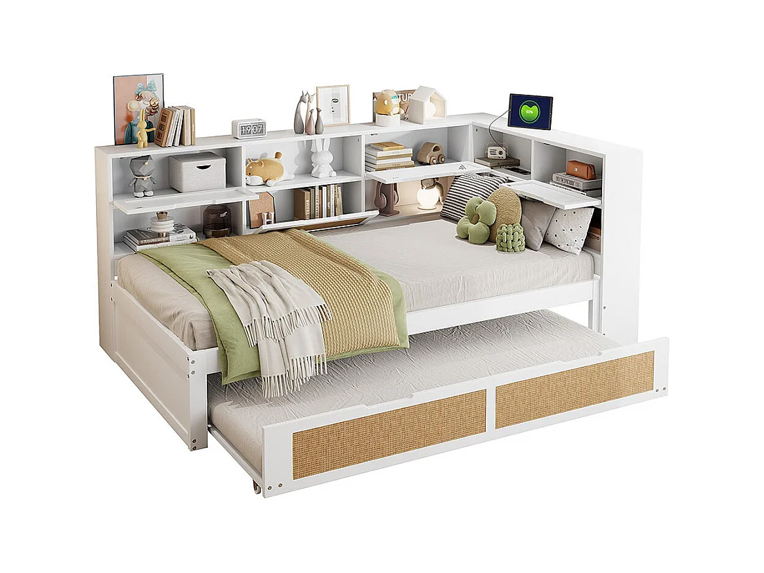 Lit combine en bois 90×200 avec lit gigogne lit enfant multifonctionnel avec de nombreux compartiments de rangement et une connexion de chargement blanc