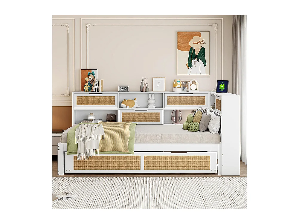 Lit combine en bois 90×200 avec lit gigogne lit enfant multifonctionnel avec de nombreux compartiments de rangement et une connexion de chargement blanc