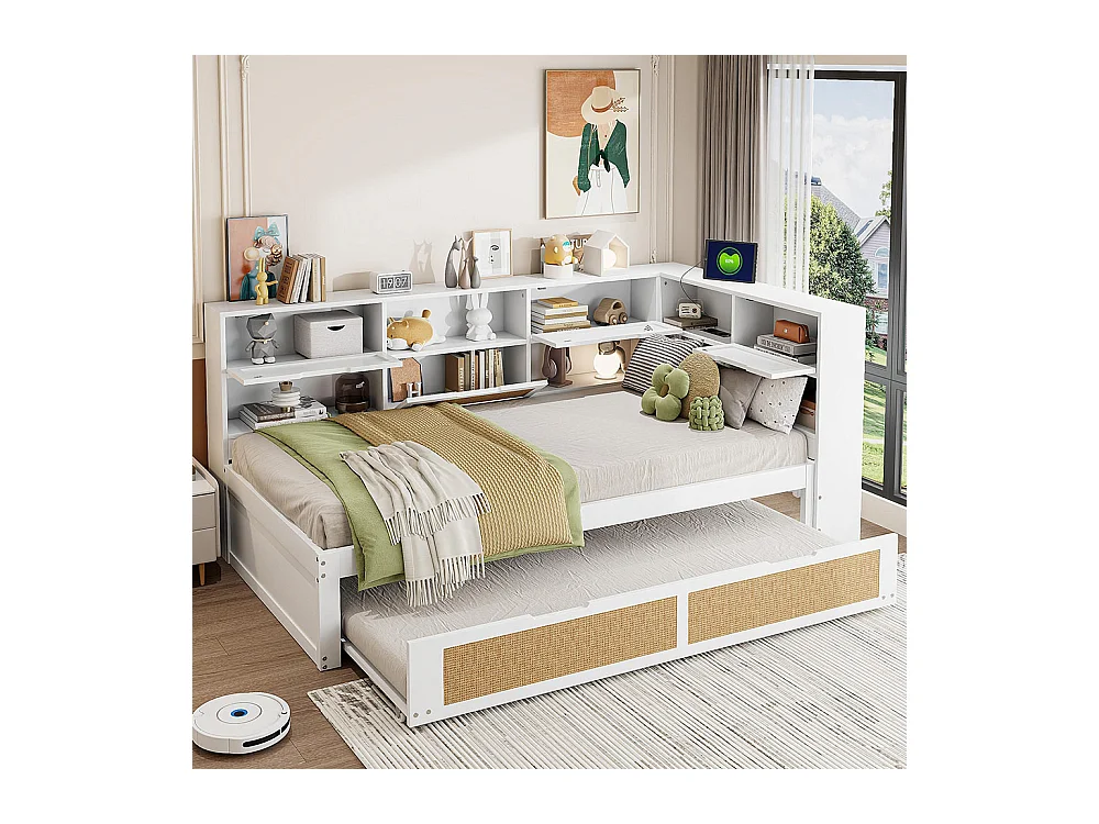 Lit combine en bois 90×200 avec lit gigogne lit enfant multifonctionnel avec de nombreux compartiments de rangement et une connexion de chargement blanc