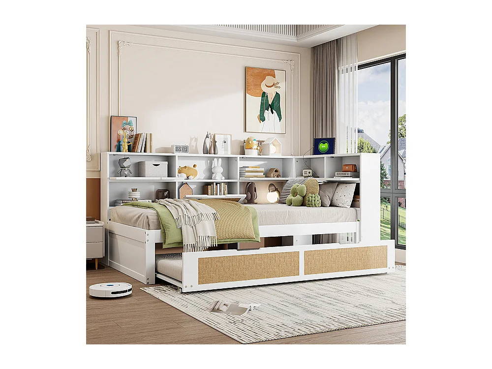 Lit combine en bois 90×200 avec lit gigogne lit enfant multifonctionnel avec de nombreux compartiments de rangement et une connexion de chargement blanc