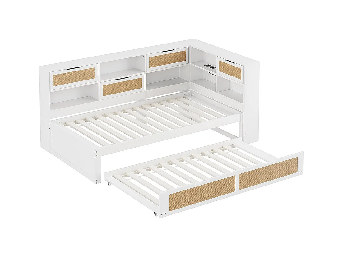 Lit combine en bois 90×200 avec lit gigogne lit enfant multifonctionnel avec de nombreux compartiments de rangement et une connexion de chargement blanc