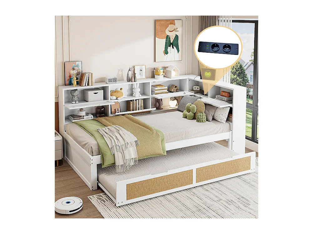 Lit combine en bois 90×200 avec lit gigogne lit enfant multifonctionnel avec de nombreux compartiments de rangement et une connexion de chargement blanc