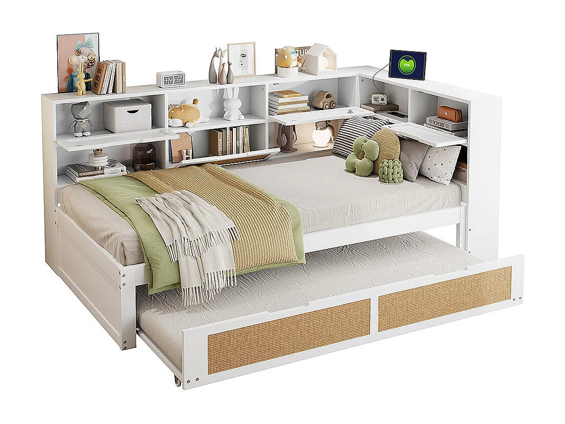 Lit combine en bois 90×200 avec lit gigogne lit enfant multifonctionnel avec de nombreux compartiments de rangement et une connexion de chargement blanc