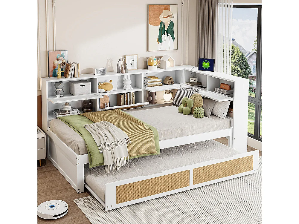 Lit combine en bois 90×200 avec lit gigogne lit enfant multifonctionnel avec de nombreux compartiments de rangement et une connexion de chargement blanc