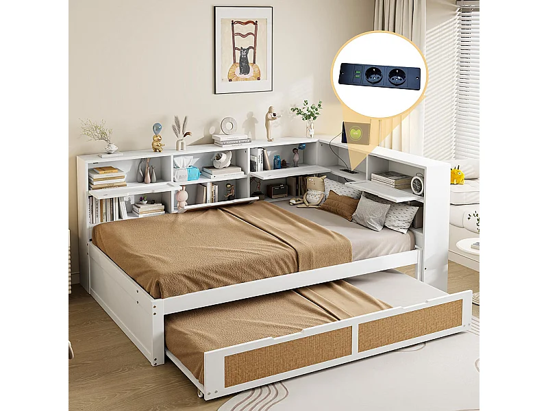 Lit combine en bois 140×200 avec lit gigogne lit enfant multifonctionnel avec de nombreux compartiments de rangement et une connexion de chargement blanc