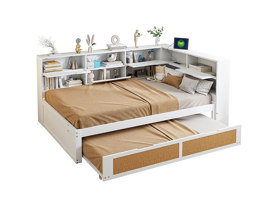 Lit combine en bois 140×200 avec lit gigogne lit enfant multifonctionnel avec de nombreux compartiments de rangement et une connexion de chargement blanc