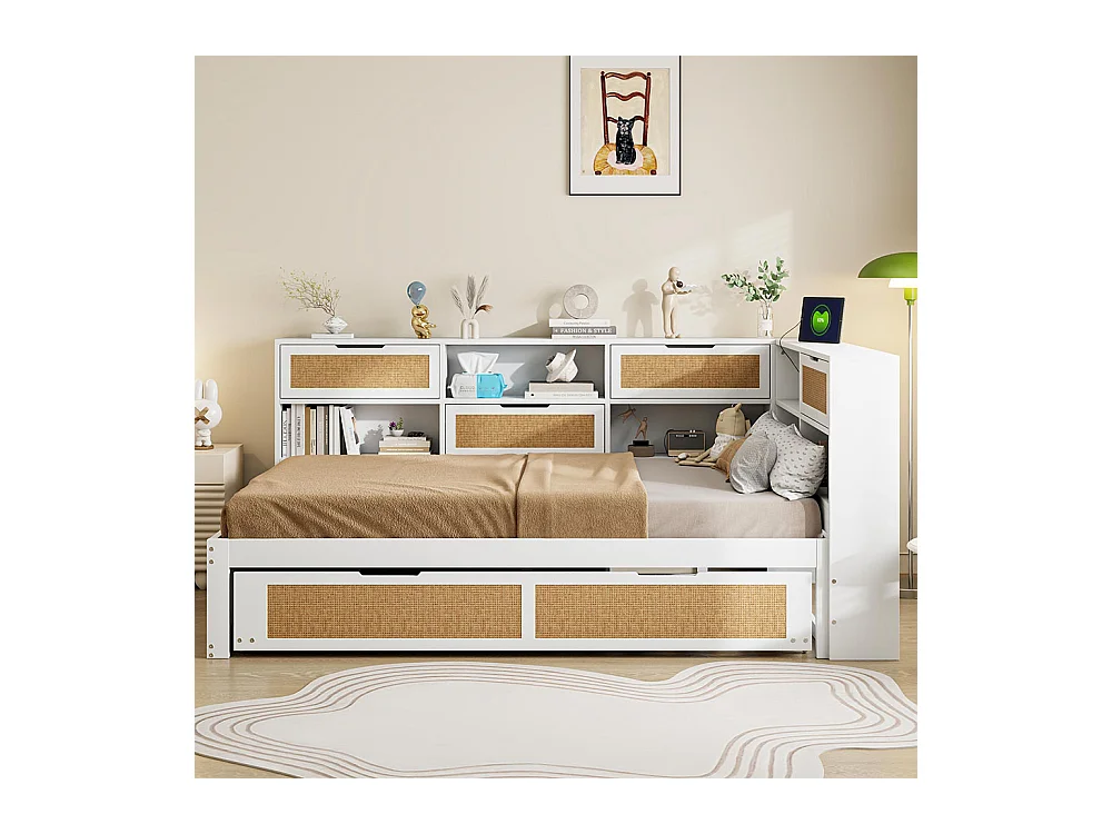 Lit combine en bois 140×200 avec lit gigogne lit enfant multifonctionnel avec de nombreux compartiments de rangement et une connexion de chargement blanc