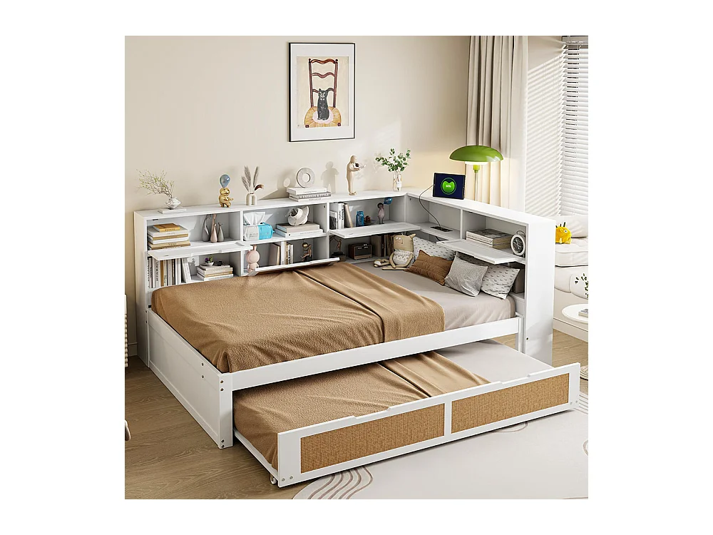 Lit combine en bois 140×200 avec lit gigogne lit enfant multifonctionnel avec de nombreux compartiments de rangement et une connexion de chargement blanc