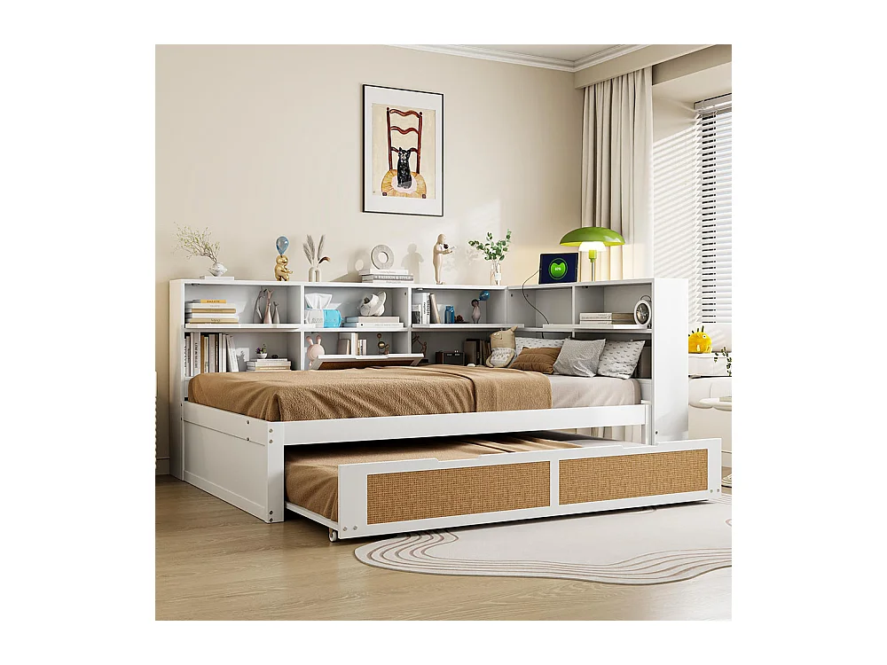 Lit combine en bois 140×200 avec lit gigogne lit enfant multifonctionnel avec de nombreux compartiments de rangement et une connexion de chargement blanc
