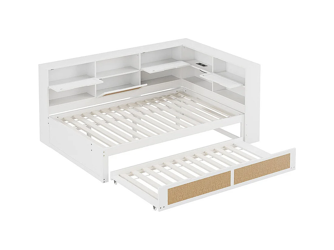 Lit combine en bois 140×200 avec lit gigogne lit enfant multifonctionnel avec de nombreux compartiments de rangement et une connexion de chargement blanc