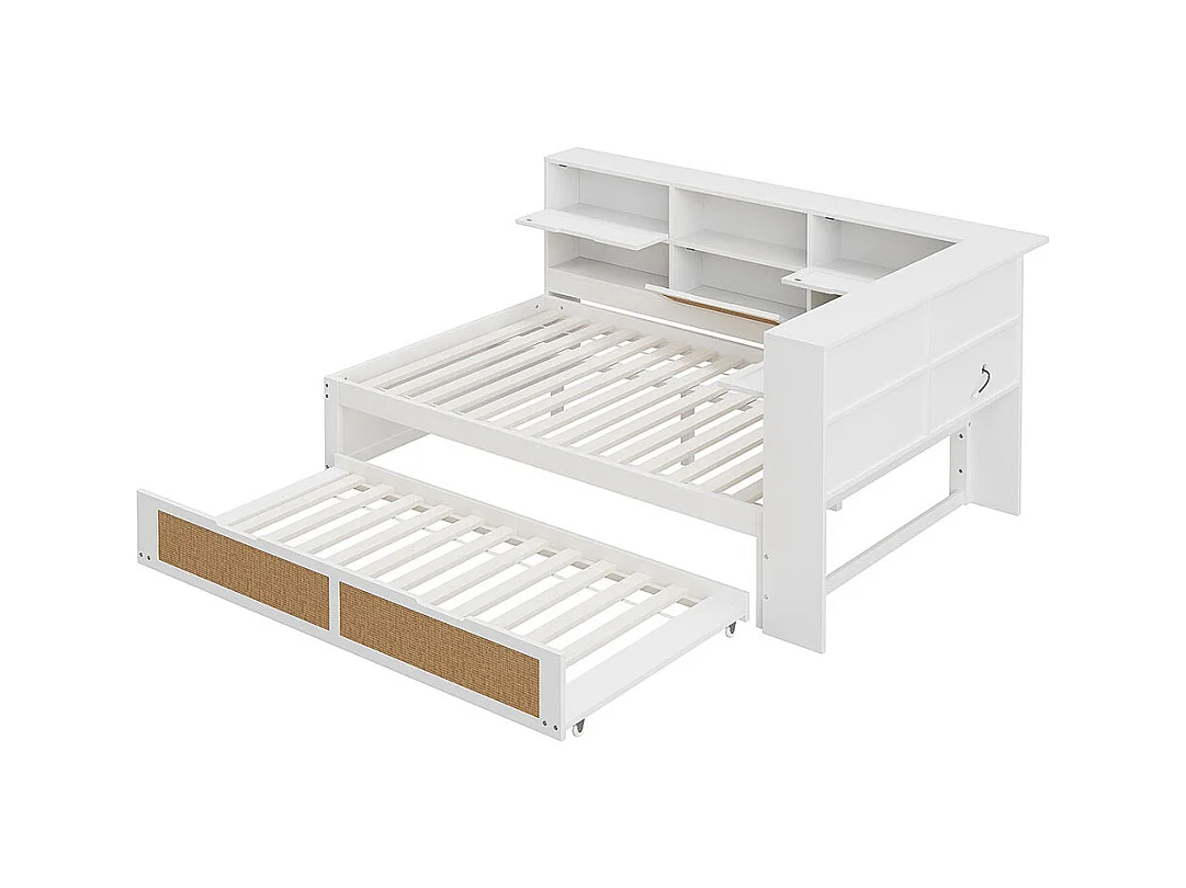 Lit combine en bois 140×200 avec lit gigogne lit enfant multifonctionnel avec de nombreux compartiments de rangement et une connexion de chargement blanc