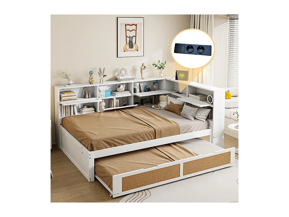 Lit combine en bois 140×200 avec lit gigogne lit enfant multifonctionnel avec de nombreux compartiments de rangement et une connexion de chargement blanc