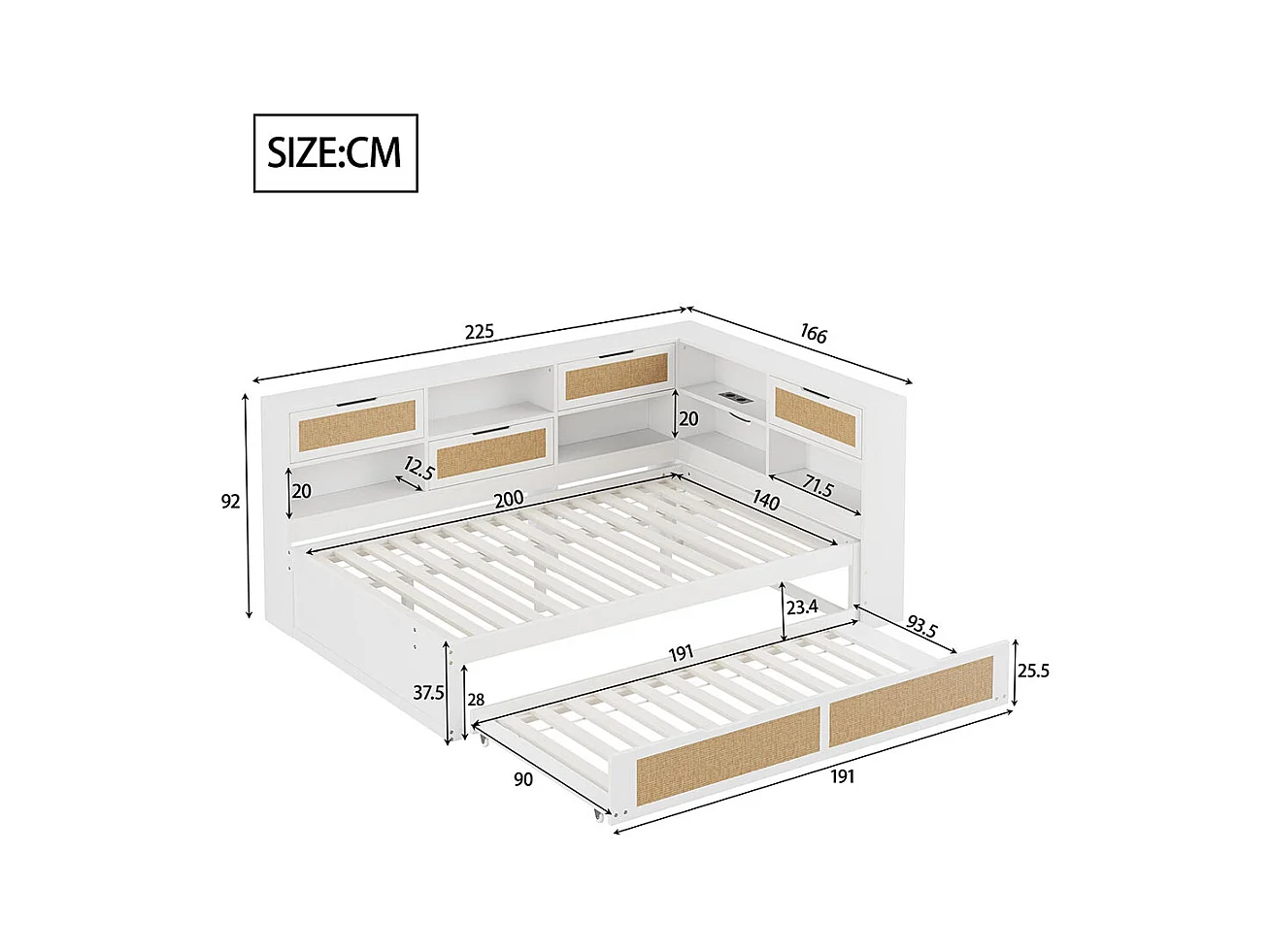 Lit combine en bois 140×200 avec lit gigogne lit enfant multifonctionnel avec de nombreux compartiments de rangement et une connexion de chargement blanc