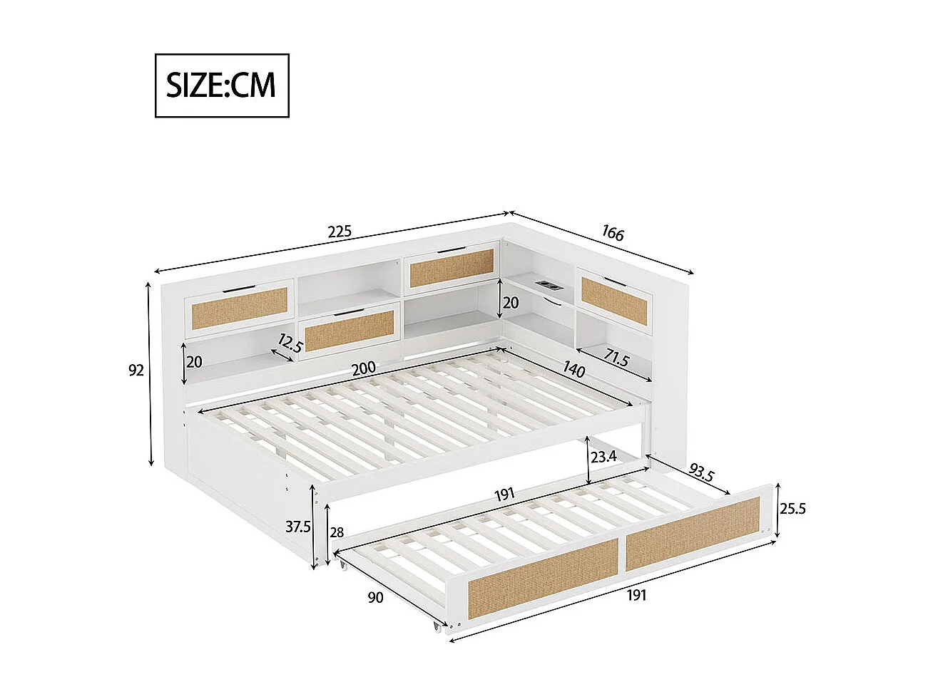 Lit combine en bois 140×200 avec lit gigogne lit enfant multifonctionnel avec de nombreux compartiments de rangement et une connexion de chargement blanc