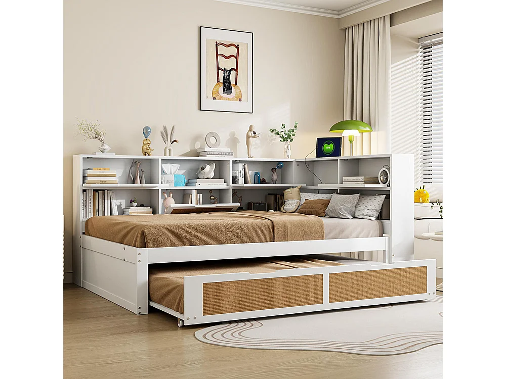 Lit combine en bois 140×200 avec lit gigogne lit enfant multifonctionnel avec de nombreux compartiments de rangement et une connexion de chargement blanc