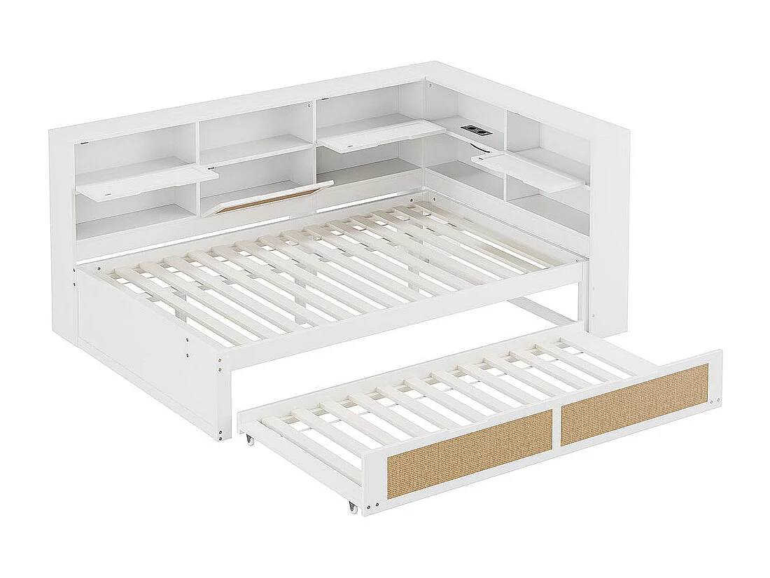 Lit combine en bois 140×200 avec lit gigogne lit enfant multifonctionnel avec de nombreux compartiments de rangement et une connexion de chargement blanc