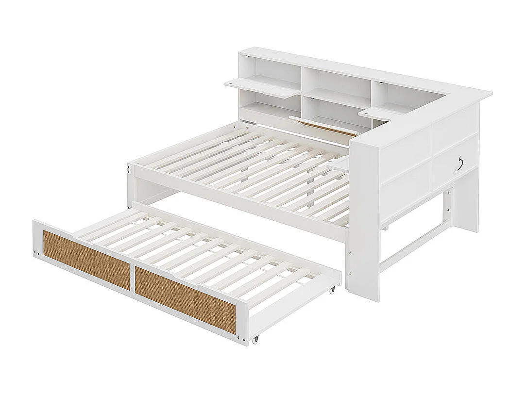 Lit combine en bois 140×200 avec lit gigogne lit enfant multifonctionnel avec de nombreux compartiments de rangement et une connexion de chargement blanc