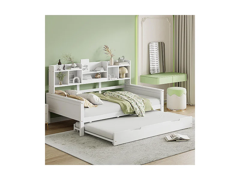 Lit combine extensible 90×200 en bois massif lit extensible 90×190 avec compartiment de rangement et sommier à lattes pin blanc