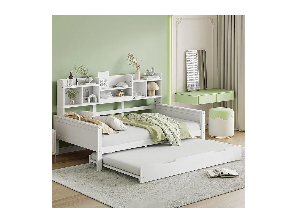 Lit combine extensible 90×200 en bois massif lit extensible 90×190 avec compartiment de rangement et sommier à lattes pin blanc