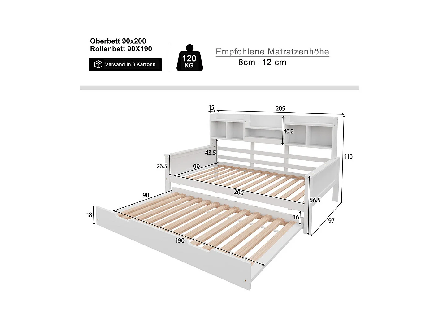 Lit combine extensible 90×200 en bois massif lit extensible 90×190 avec compartiment de rangement et sommier à lattes pin blanc