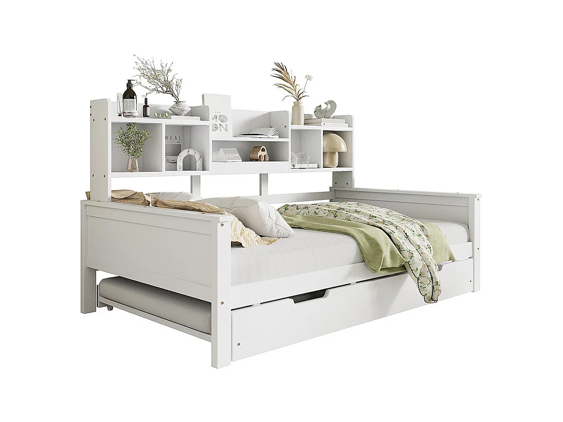 Lit combine extensible 90×200 en bois massif lit extensible 90×190 avec compartiment de rangement et sommier à lattes pin blanc