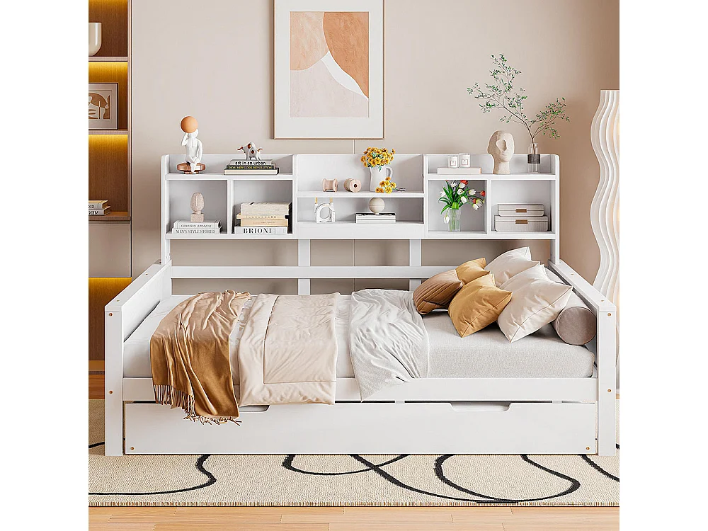 Lit combine extensible 140×200 en bois massif lit extensible 90×190 avec compartiment de rangement et sommier à lattes pin blanc