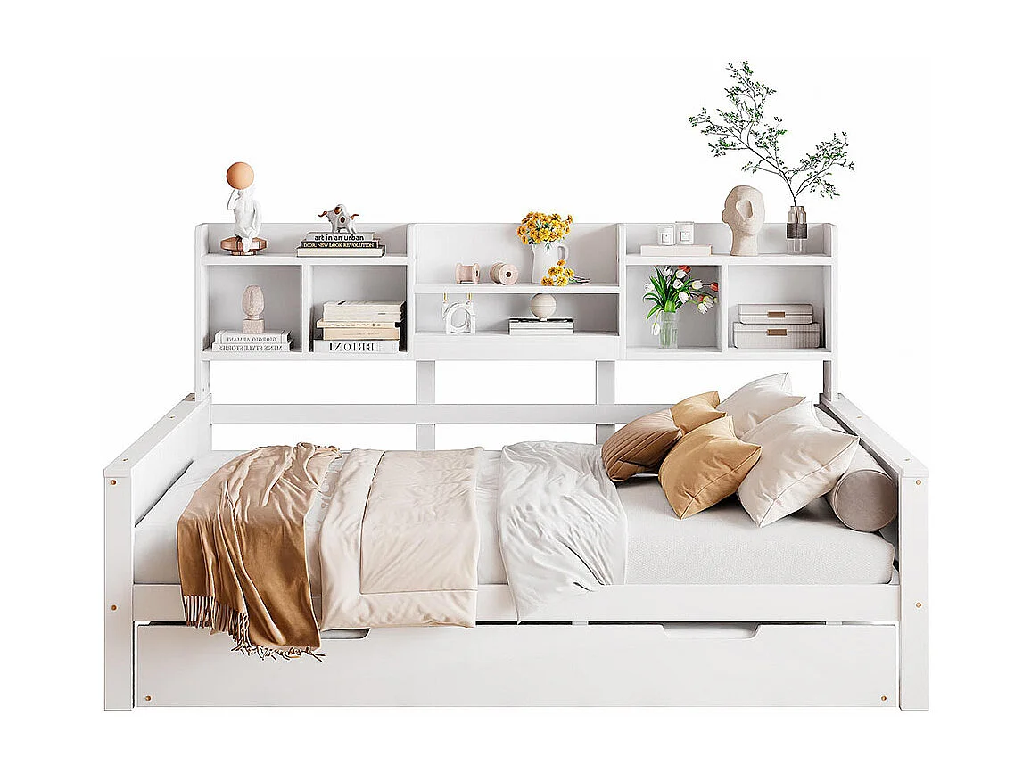 Lit combine extensible 140×200 en bois massif lit extensible 90×190 avec compartiment de rangement et sommier à lattes pin blanc