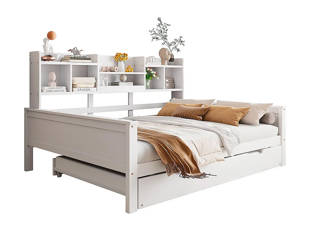 Lit combine extensible 140×200 en bois massif lit extensible 90×190 avec compartiment de rangement et sommier à lattes pin blanc