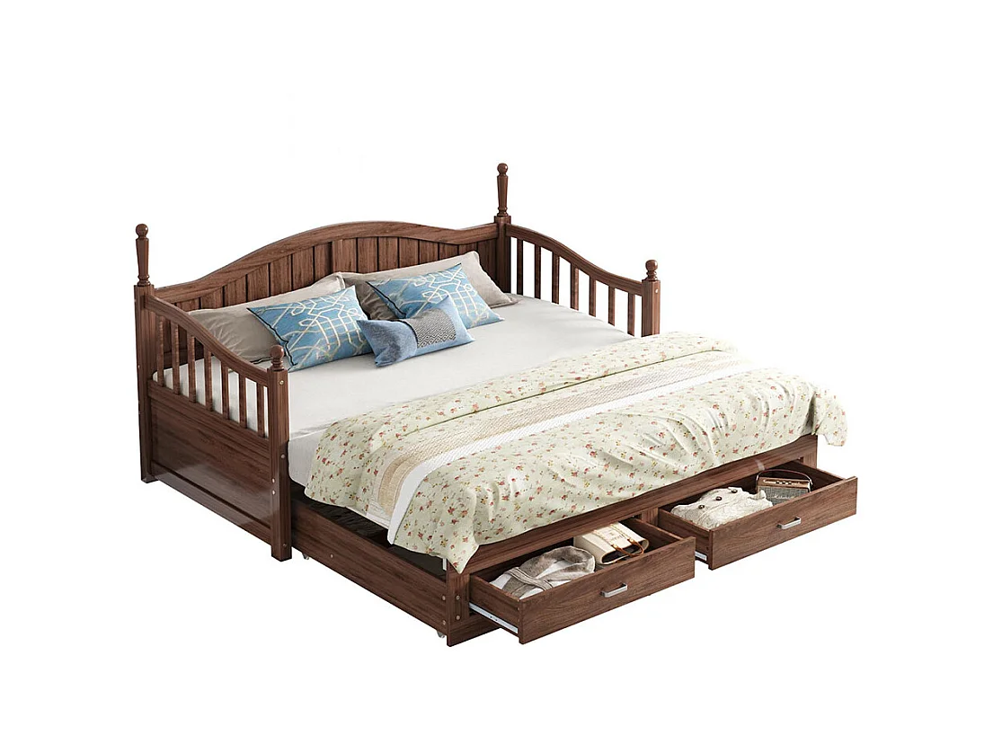 Lit combine extensible En bois massif 90/180×190 avec colonnes romaines dossier incurvé et accoudoirs avec tiroirs et sommier à lattes lit en pin noyer