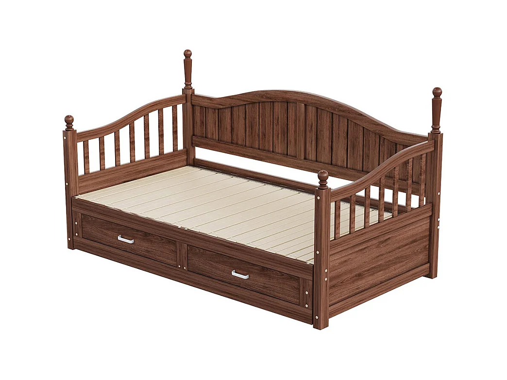 Lit combine extensible En bois massif 90/180×190 avec colonnes romaines dossier incurvé et accoudoirs avec tiroirs et sommier à lattes lit en pin noyer