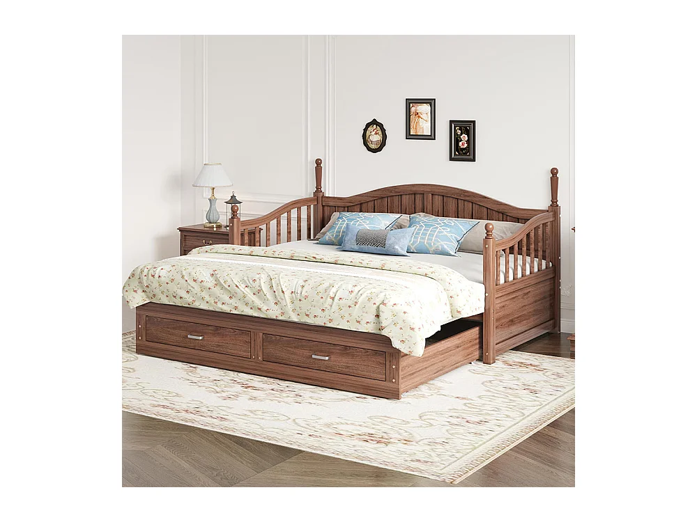 Lit combine extensible En bois massif 90/180×190 avec colonnes romaines dossier incurvé et accoudoirs avec tiroirs et sommier à lattes lit en pin noyer