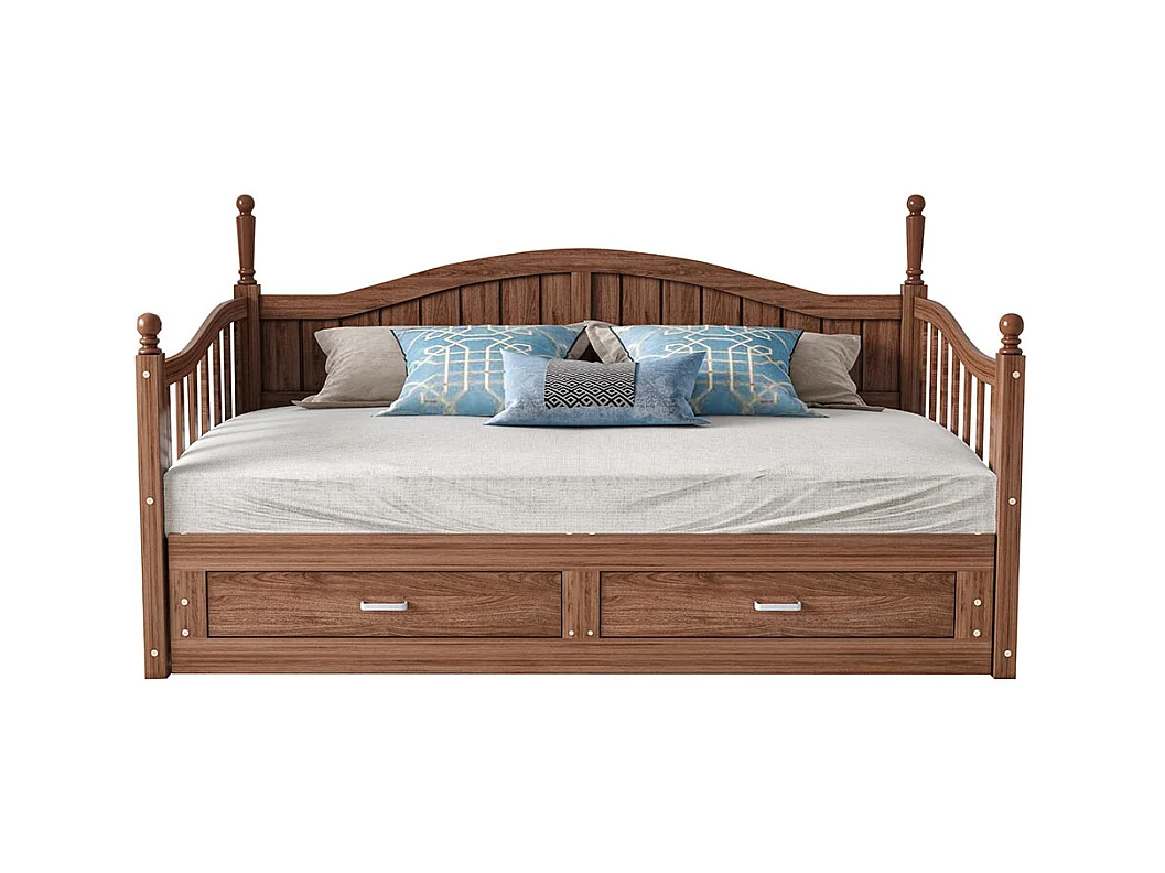 Lit combine extensible En bois massif 90/180×190 avec colonnes romaines dossier incurvé et accoudoirs avec tiroirs et sommier à lattes lit en pin noyer