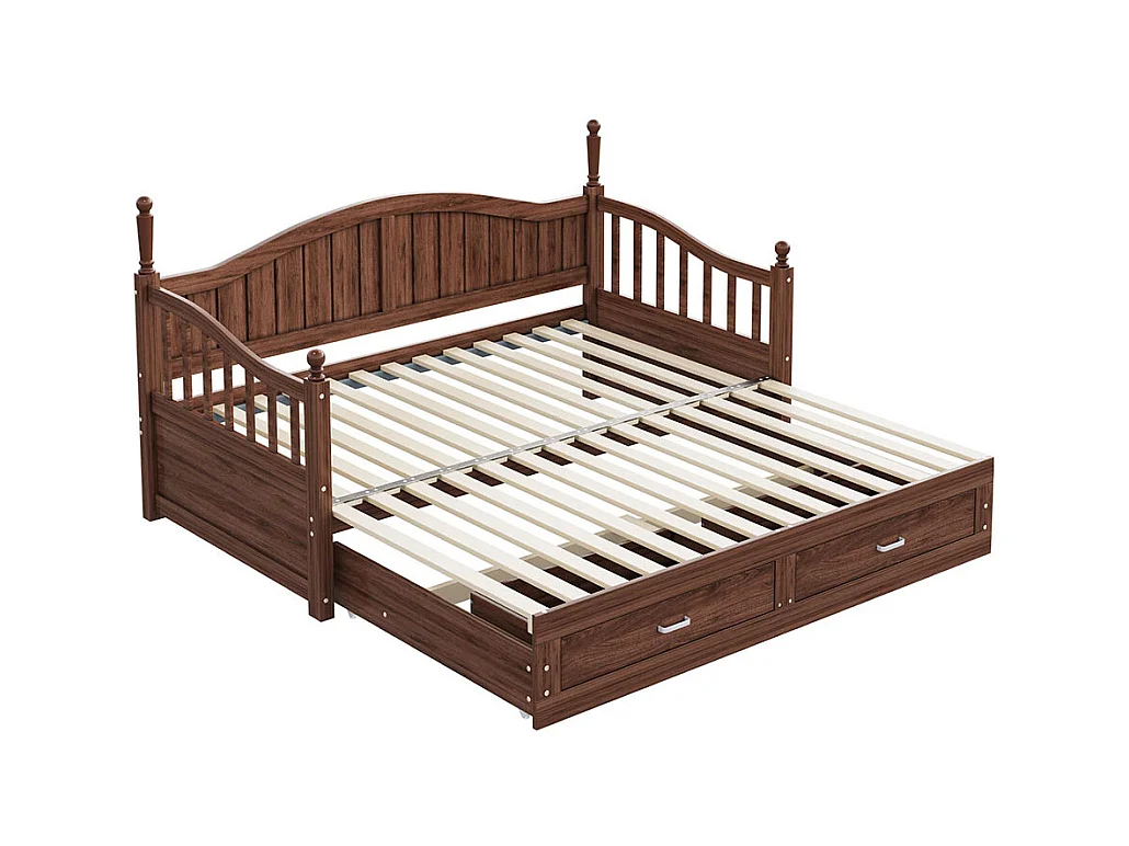 Lit combine extensible En bois massif 90/180×190 avec colonnes romaines dossier incurvé et accoudoirs avec tiroirs et sommier à lattes lit en pin noyer