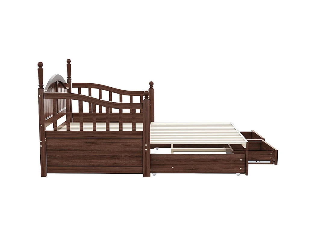 Lit combine extensible En bois massif 90/180×190 avec colonnes romaines dossier incurvé et accoudoirs avec tiroirs et sommier à lattes lit en pin noyer