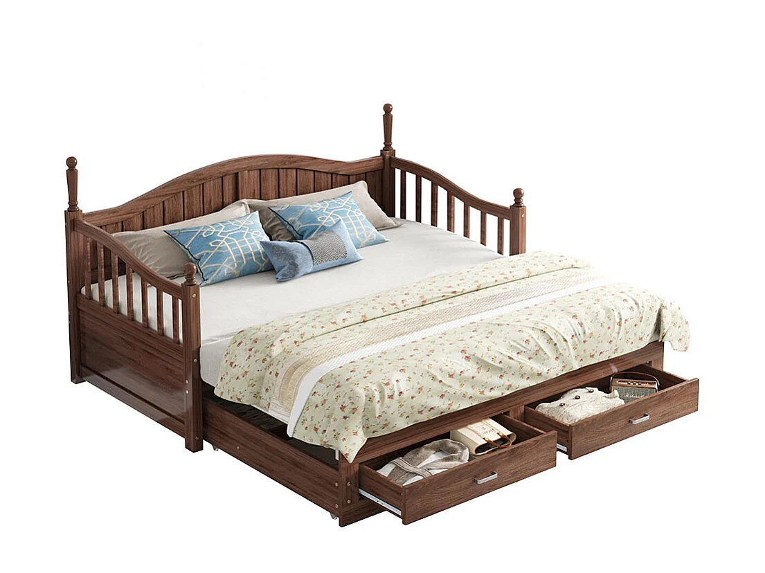 Lit combine extensible En bois massif 90/180×190 avec colonnes romaines dossier incurvé et accoudoirs avec tiroirs et sommier à lattes lit en pin noyer