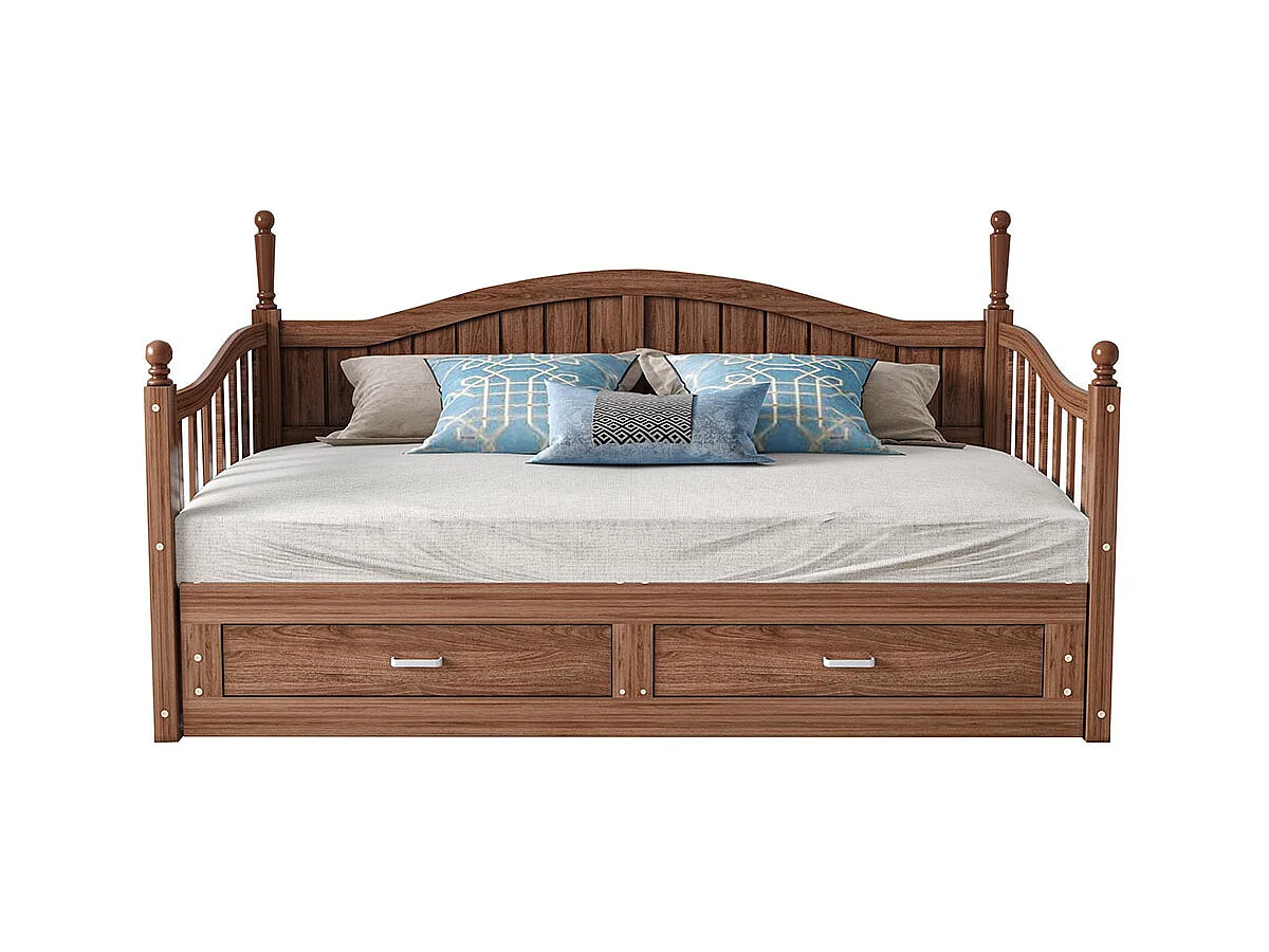 Lit combine extensible En bois massif 90/180×190 avec colonnes romaines dossier incurvé et accoudoirs avec tiroirs et sommier à lattes lit en pin noyer