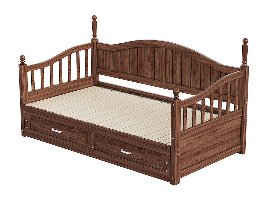 Lit combine extensible En bois massif 90/180×190 avec colonnes romaines dossier incurvé et accoudoirs avec tiroirs et sommier à lattes lit en pin noyer