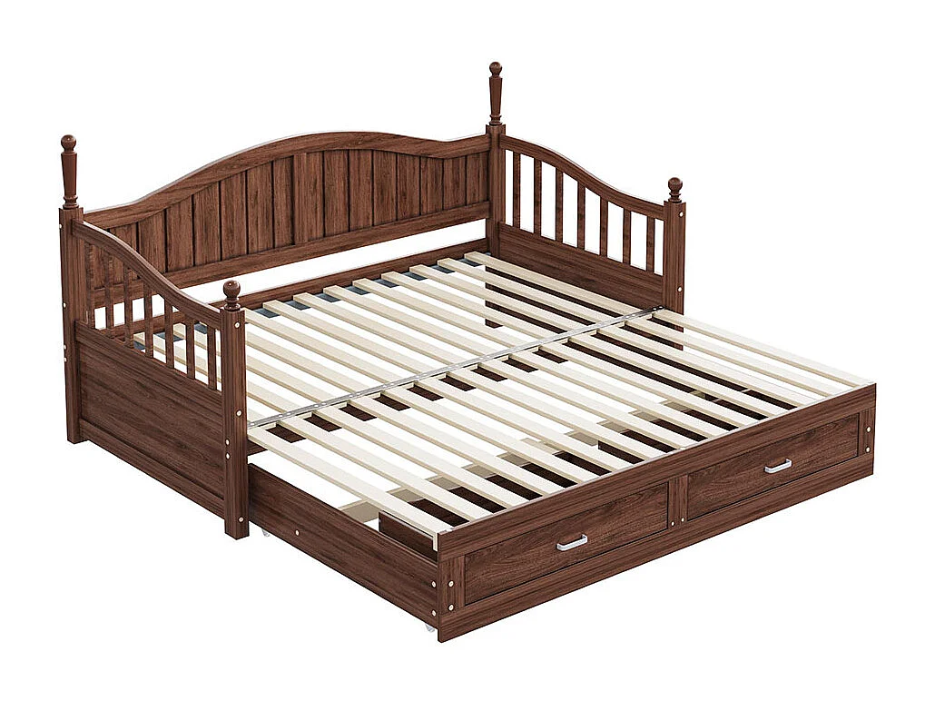 Lit combine extensible En bois massif 90/180×190 avec colonnes romaines dossier incurvé et accoudoirs avec tiroirs et sommier à lattes lit en pin noyer