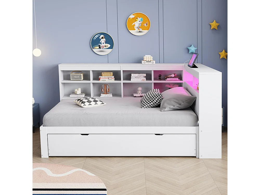 Lit combine en bois massif 90×200 avec lit gigogne avec prise USB et éclairage LED avec étagères et compartiments de rangement lit simple blanc