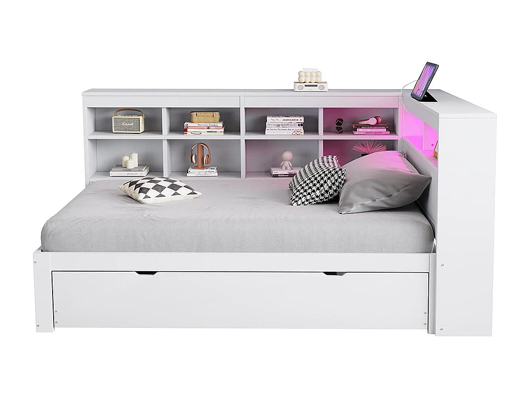 Lit combine en bois massif 90×200 avec lit gigogne avec prise USB et éclairage LED avec étagères et compartiments de rangement lit simple blanc