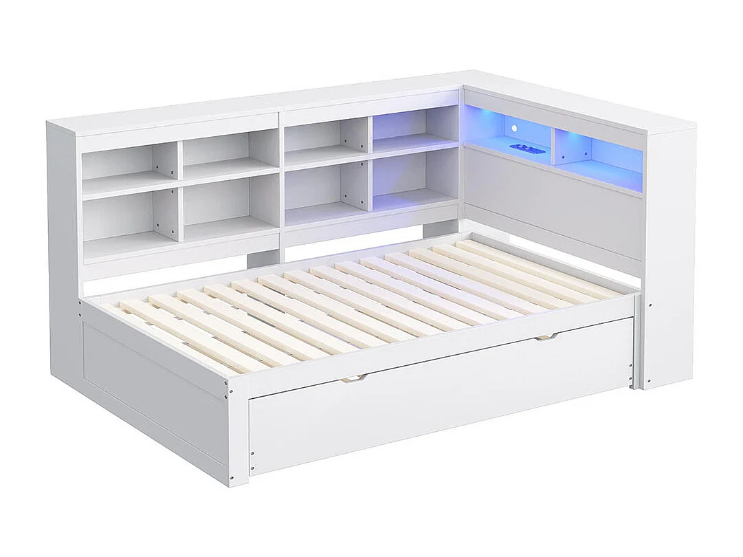 Lit combine en bois massif 90×200 avec lit gigogne avec prise USB et éclairage LED avec étagères et compartiments de rangement lit simple blanc
