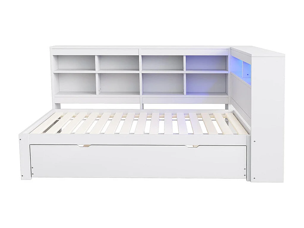Lit combine en bois massif 90×200 avec lit gigogne avec prise USB et éclairage LED avec étagères et compartiments de rangement lit simple blanc