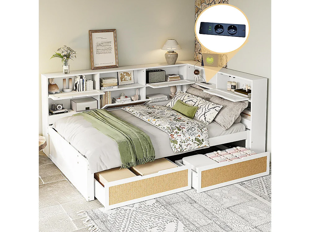 Lit combine en bois massif 140×200 avec tiroir lit enfant multifonctionnel avec de nombreux compartiments de rangement et prise de courant blanc