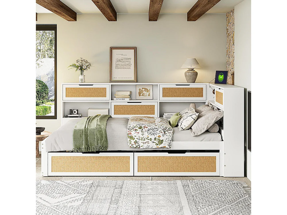 Lit combine en bois massif 140×200 avec tiroir lit enfant multifonctionnel avec de nombreux compartiments de rangement et prise de courant blanc