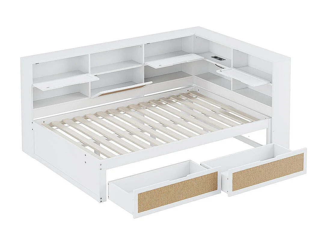 Lit combine en bois massif 140×200 avec tiroir lit enfant multifonctionnel avec de nombreux compartiments de rangement et prise de courant blanc