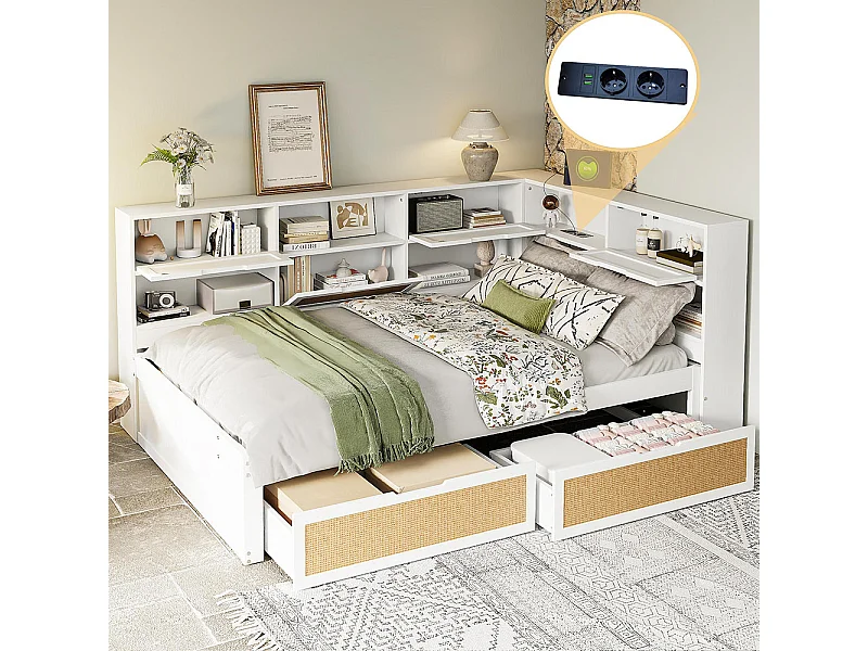 Lit combine en bois massif 140×200 avec tiroir lit enfant multifonctionnel avec de nombreux compartiments de rangement et prise de courant blanc