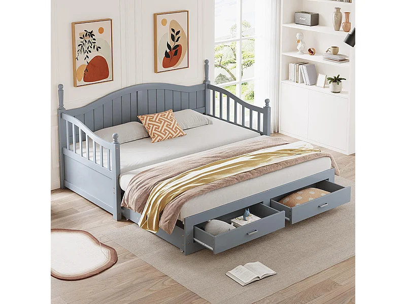 Lit combine extensible En bois massif 90/180×190 avec colonnes romaines dossier incurvé et accoudoirs avec tiroirs et sommier à lattes lit en pin gris