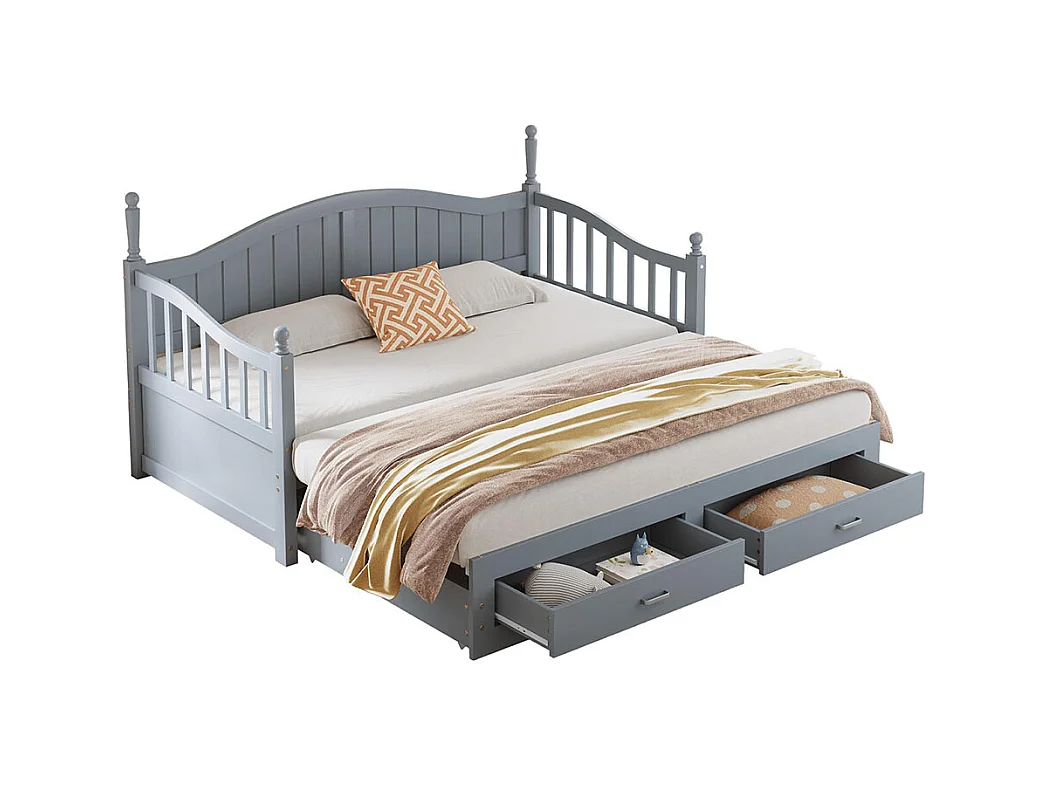 Lit combine extensible En bois massif 90/180×190 avec colonnes romaines dossier incurvé et accoudoirs avec tiroirs et sommier à lattes lit en pin gris