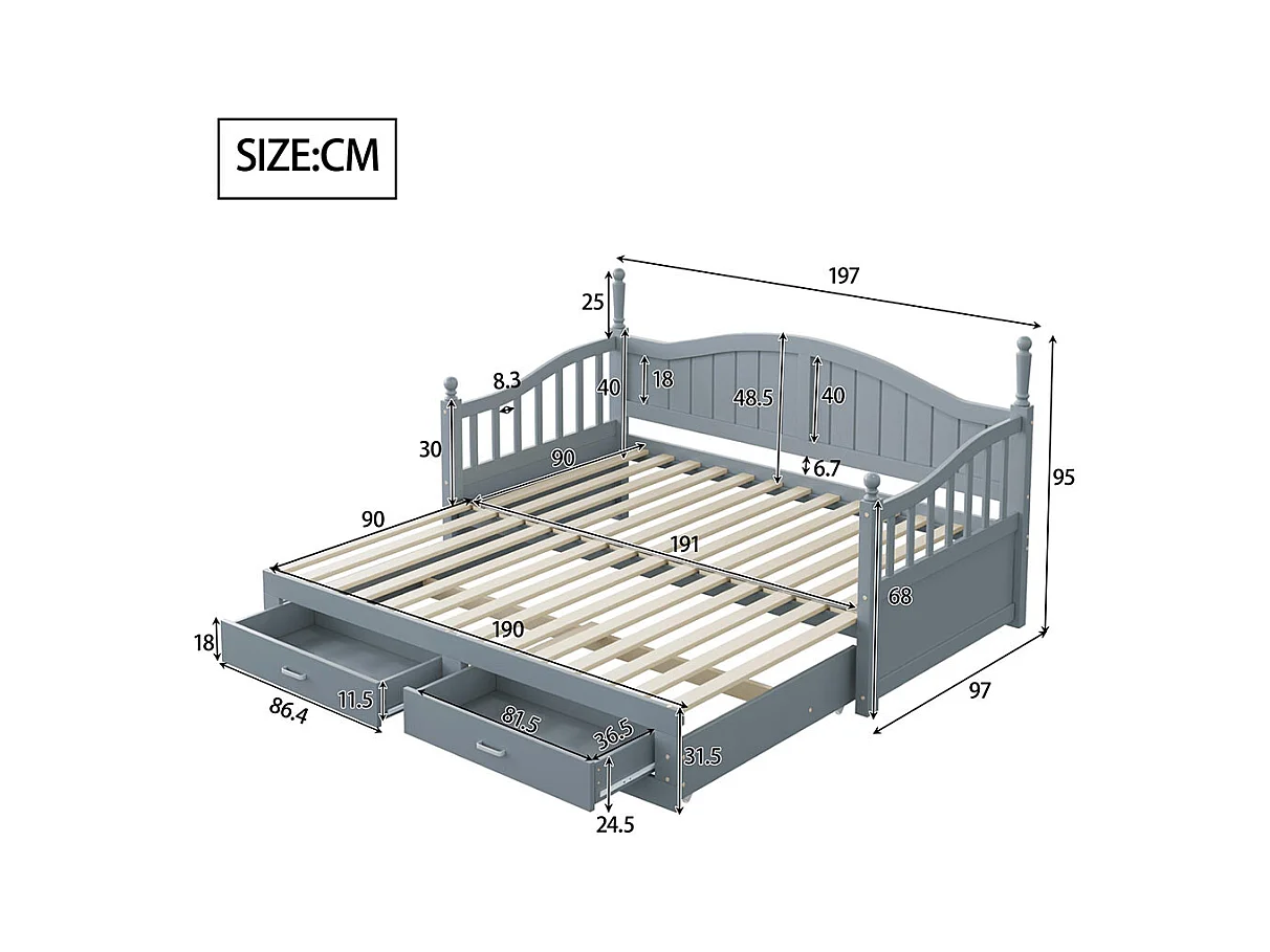 Lit combine extensible En bois massif 90/180×190 avec colonnes romaines dossier incurvé et accoudoirs avec tiroirs et sommier à lattes lit en pin gris